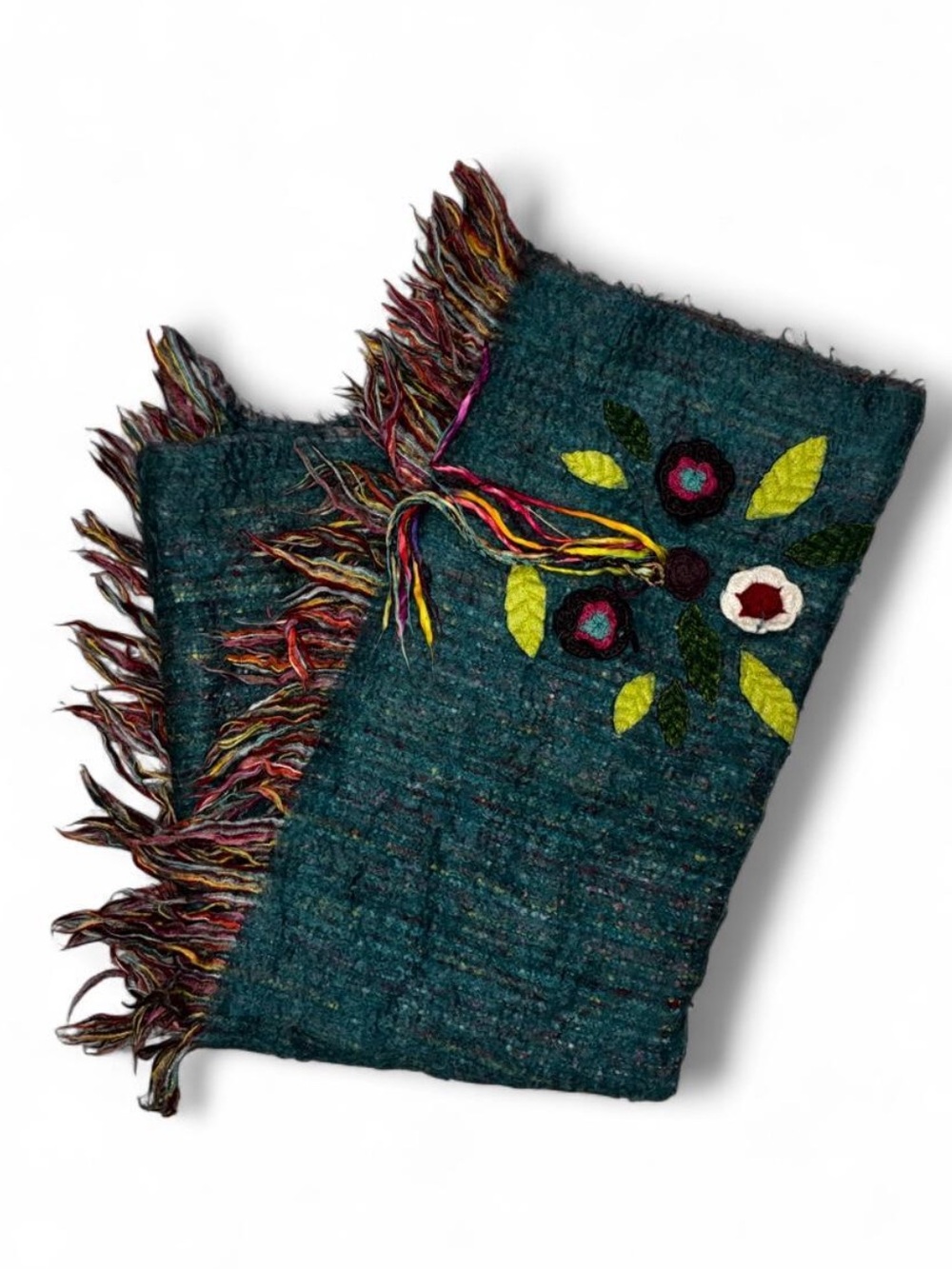 Pier 1 Teal Embroidered Fringe Scarf with Floral Appliqué